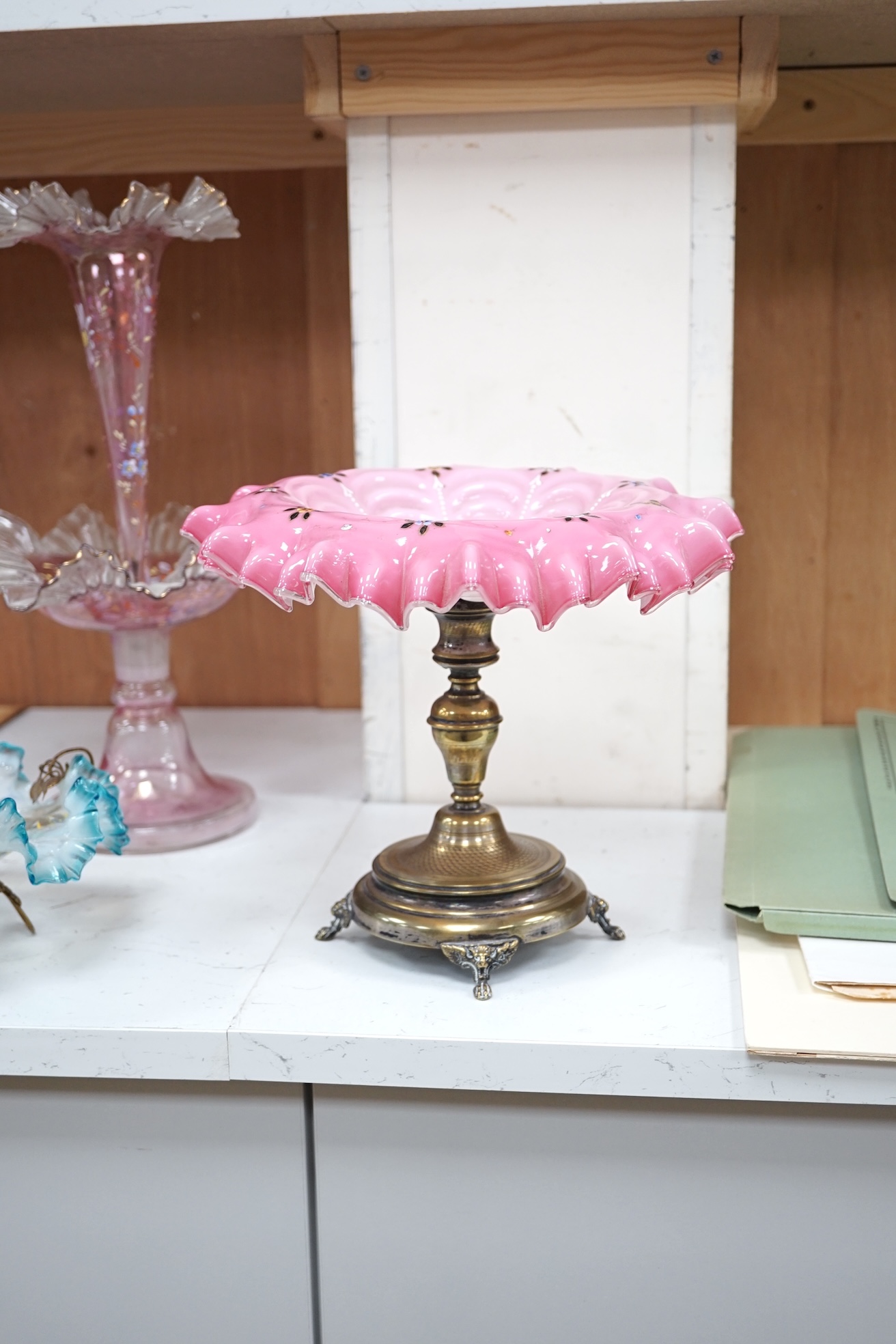 A late 19th century Bohemian glass centrepiece and two similar pedestal dishes, tallest 37cm. Condition - good